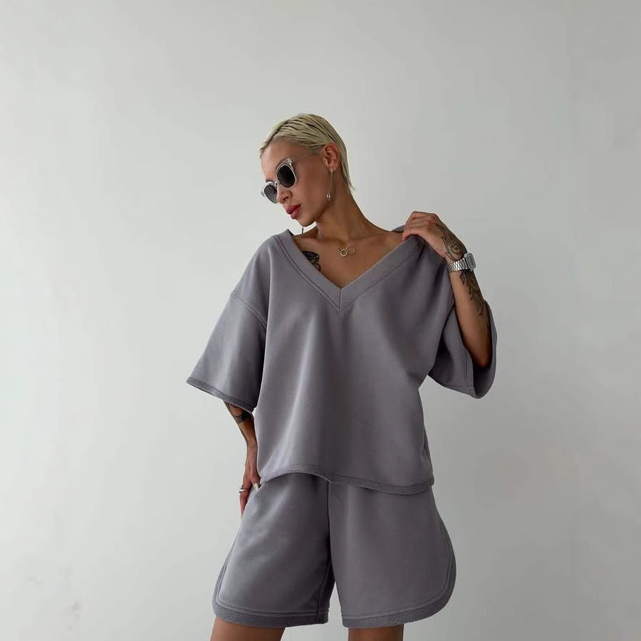 Damen lässiges V-Ausschnitt Oberteil und Shorts-Set Drune
