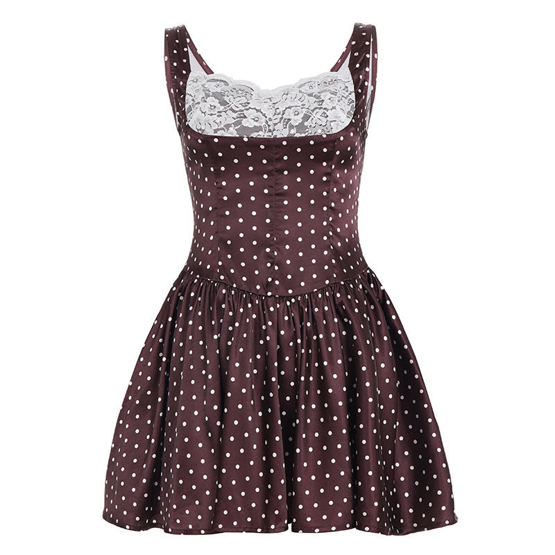Damen Retro Polka-Dot Kleid mit Spitzen-Overlay Drune