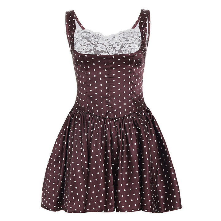 Damen Retro Polka-Dot Kleid mit Spitzen-Overlay Drune