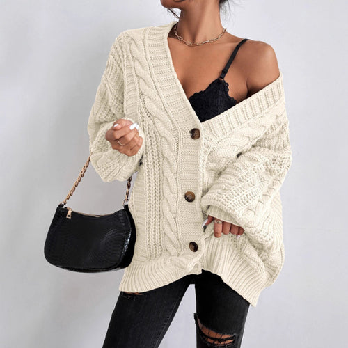 Damen Grobstrick Cardigan mit weiten Ärmeln und Knopfdetails Drune