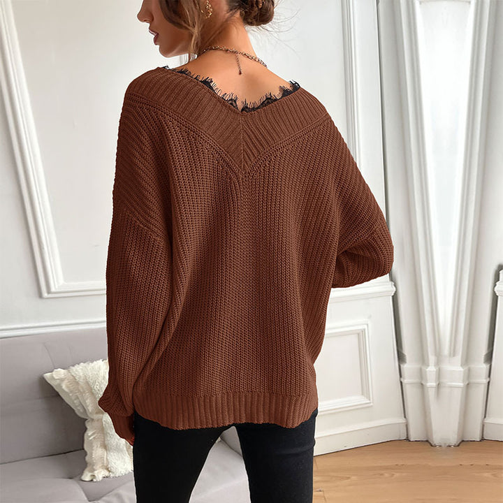 Damen lässiger Strickpullover mit modernem V-Ausschnitt und lockerer Passform Drune