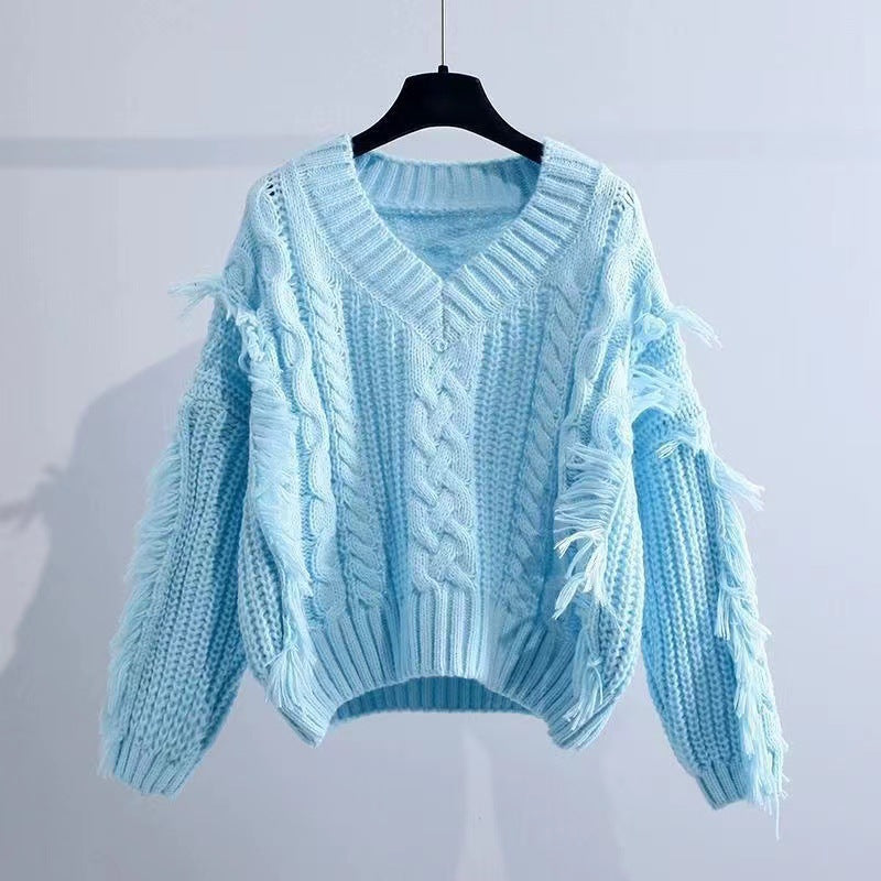 Damen Stylischer Strickpullover mit Fransen und Zopfmuster Drune