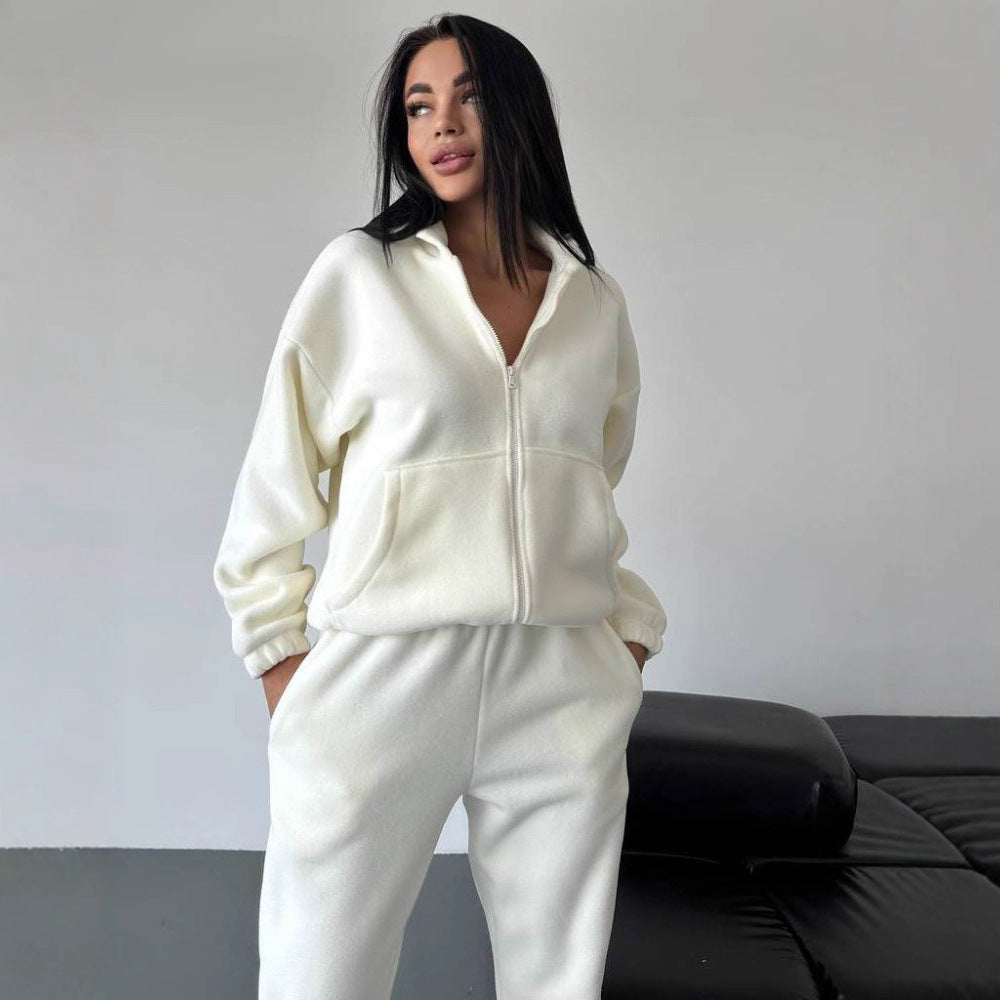 Damen Fleece-Loungewear-Anzug mit Reißverschluss und Kapuze Drune