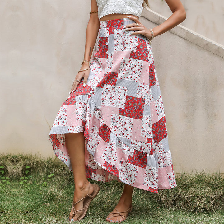 Damen Maxi-Rock mit verspieltem Patchwork-Design und Knopfdetails Drune