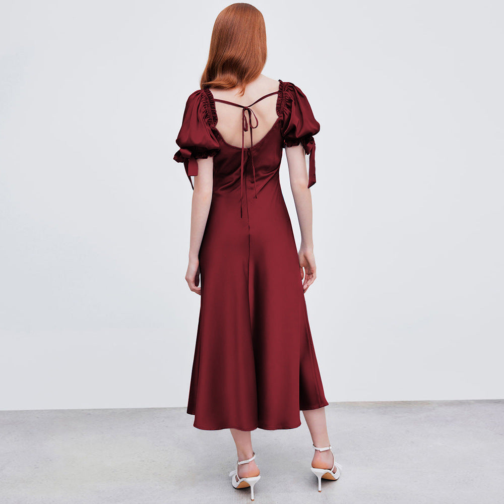 Damen Midi-Kleid mit eleganten Puffärmeln und schickem V-Ausschnitt Drune
