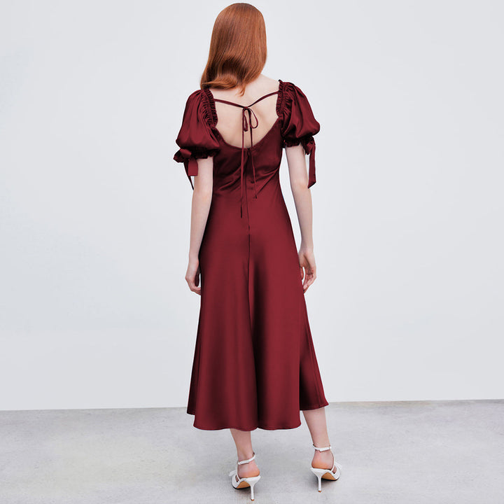 Damen Midi-Kleid mit eleganten Puffärmeln und schickem V-Ausschnitt Drune