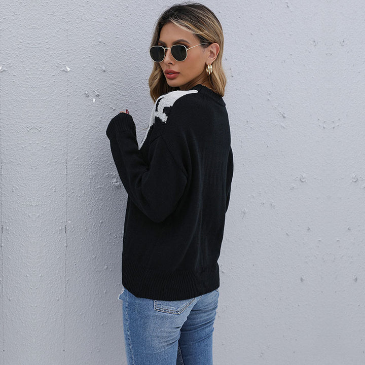 Damen lässiger Strickpullover mit kontrastierendem animalischem Muster Drune
