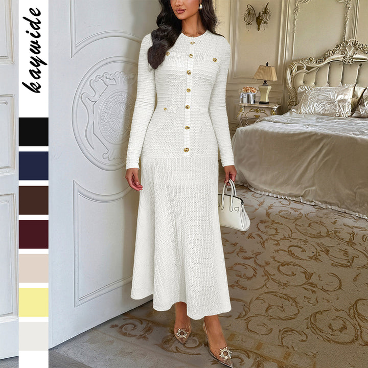Damen nan tailliertes Maxi-Strickkleid mit durchgehender Knopfleiste und dekorativen Zierknöpfen Drune