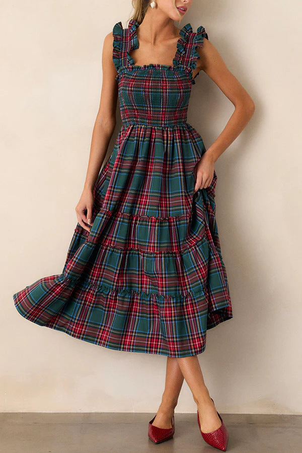 Damen Maxikleid mit voluminösen Rüschendetails und klassischen Karo-Muster Drune