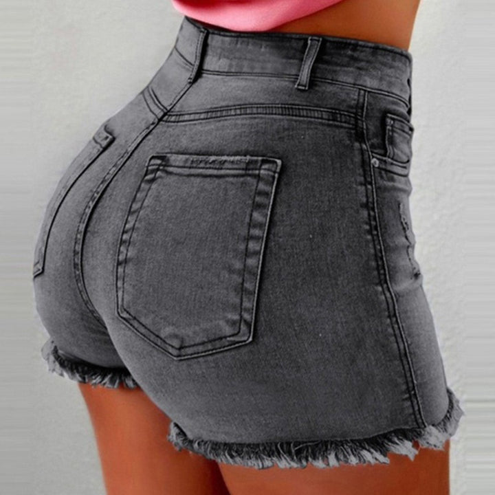 Damen hoch taillierte Denim-Shorts mit fransigem Saum Drune