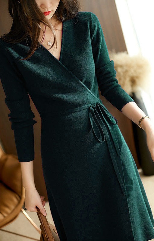 Damen Wickelkleid mit langem Ärmel und eleganter Taillenkordelung Drune