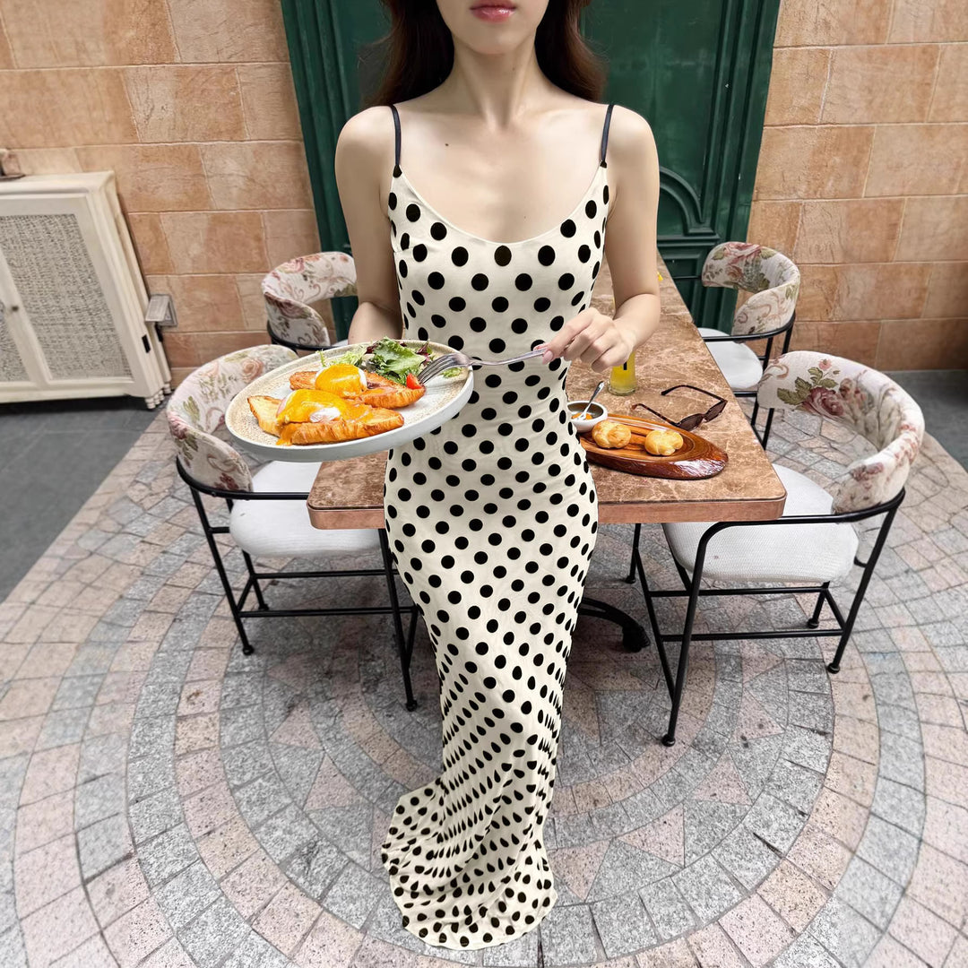 Damen Polka-Dots Maxikleid mit Spaghettiträgern und elegantem Schnitt Drune