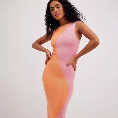 Damen figurbetontes Maxi-Kleid mit modischem Farbblockdesign Drune