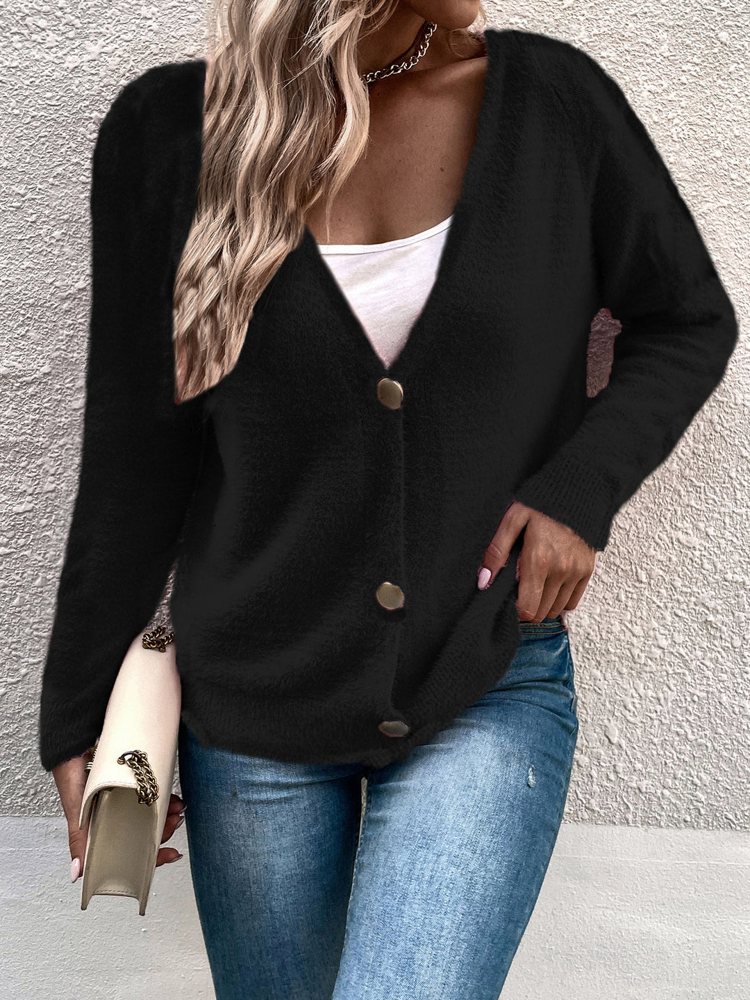 Damen weicher Strickcardigan mit elegantem V-Ausschnitt und großen Knopfdetails Drune
