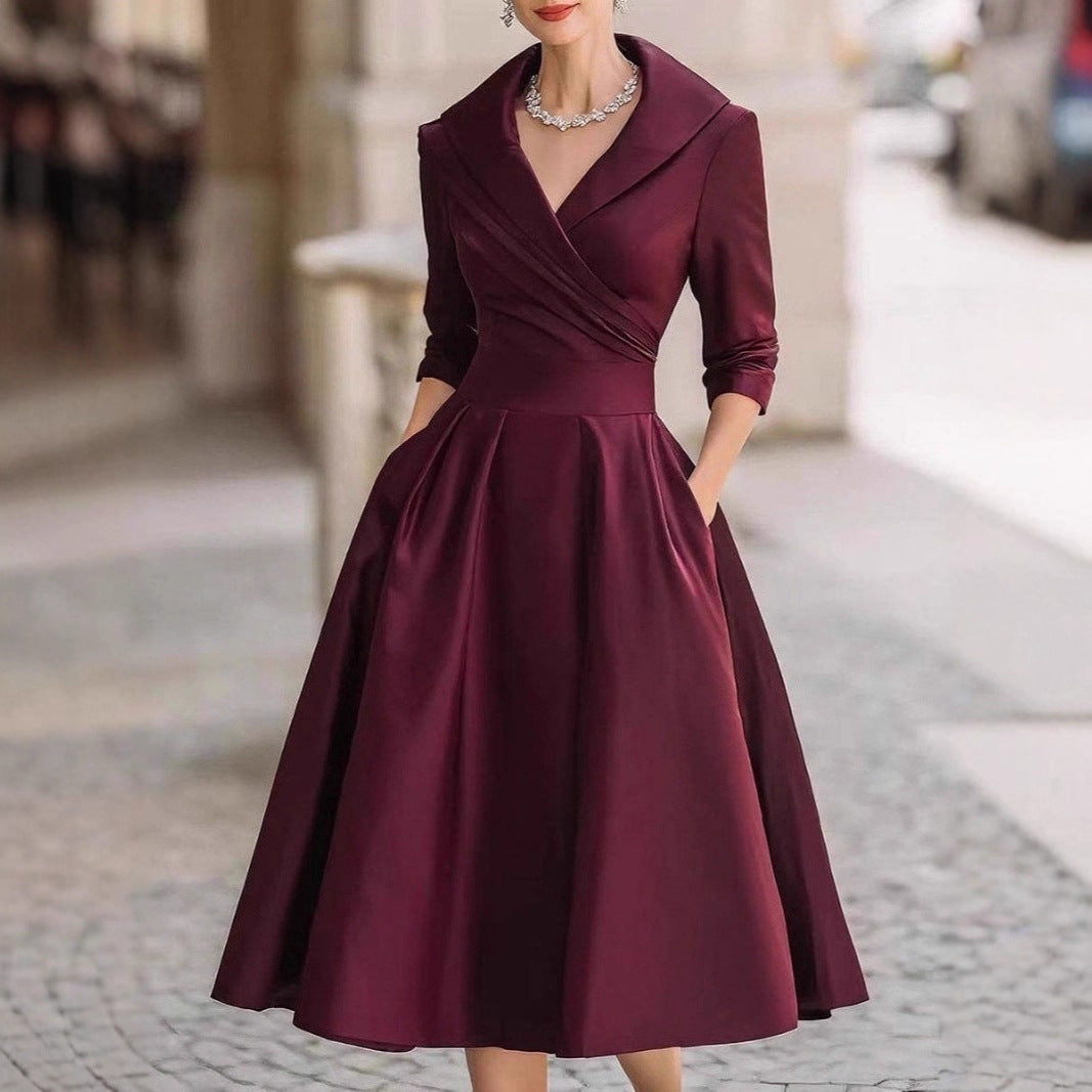 Damen elegantes Wickelkleid mit Schößchen und praktischen Taschen Drune