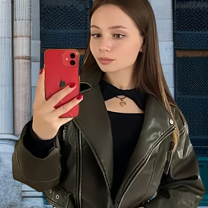 Damen modische Kunstlederjacke im Biker-Stil mit strukturiertem Design Drune