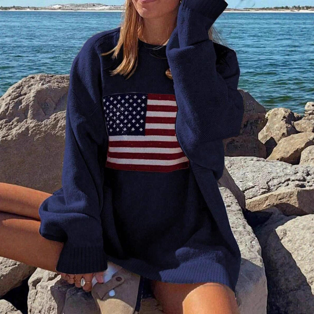 Damen Strickpullover mit Flaggenmotiv und lockerer Passform Drune