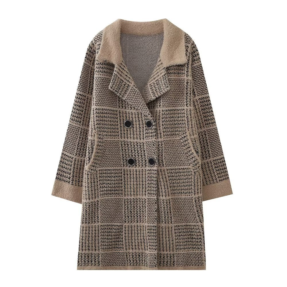 Damen modische Übergangsjacke mit strukturiertem Karomuster und eleganter Knopfleiste Drune