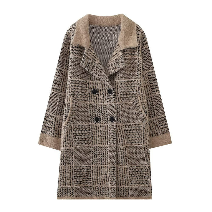 Damen modische Übergangsjacke mit strukturiertem Karomuster und eleganter Knopfleiste Drune