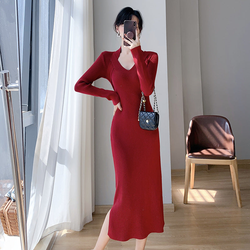Damen langärmliges Kleid mit V-Ausschnitt und seitlichem Schlitz Drune