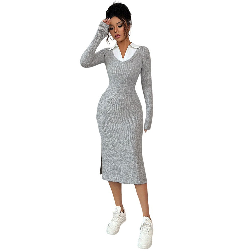 Damen figurbetontes Langarmkleid mit trendigem Polo-Kragen und seitlichem Schlitz Drune