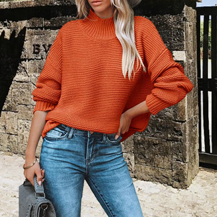 Damen Grobstrickpullover mit hohem Kragen und Ballonärmeln Drune