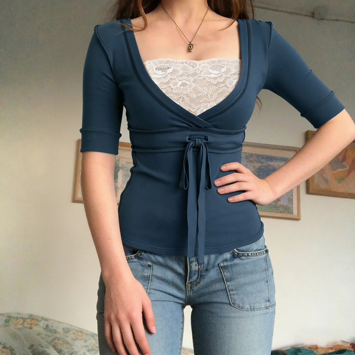 Damen Wickeloberteil mit Spitzenbesatz und Taillenband Drune