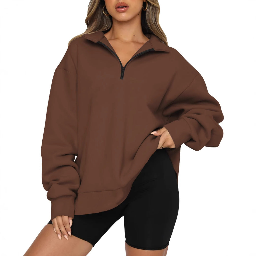 Damen lässiger Sweatpullover mit halbem Reißverschluss und überschnittenen Schultern Drune