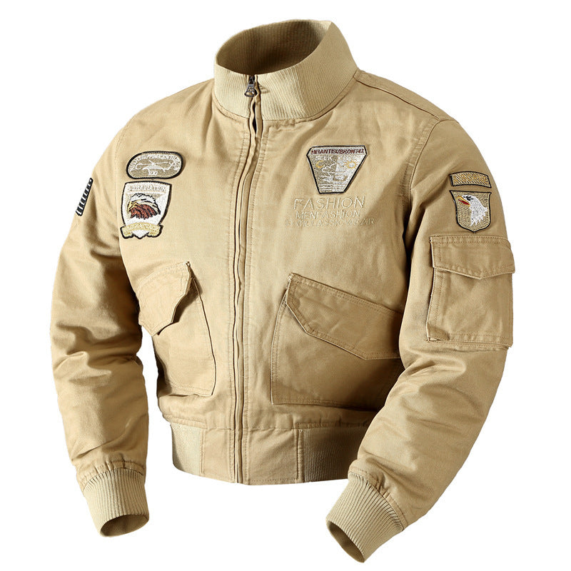 Herren nan retro-inspirierte Pilotjacke aus robustem Canvas mit gestickten Emblempatches, Multifunktionsärmeltasche und hohem Stehkragen Drune