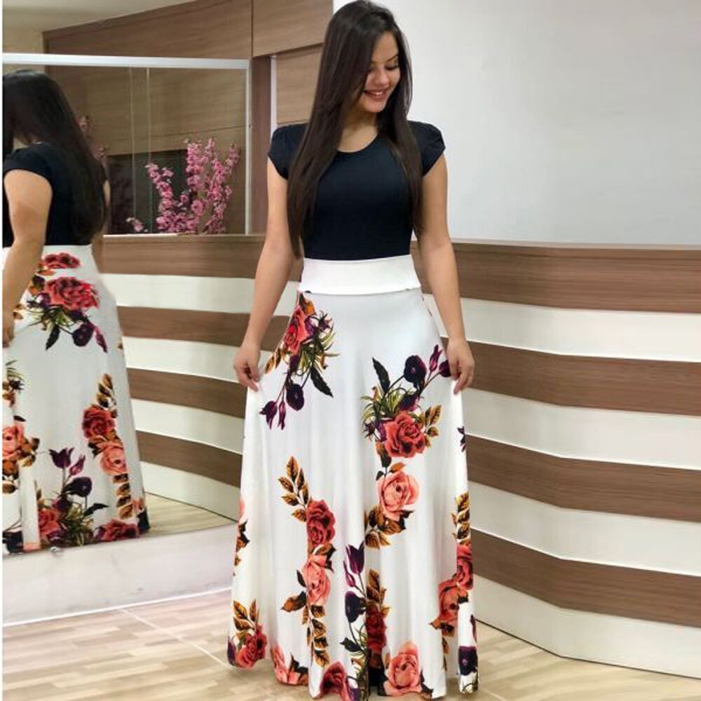 Damen Elegantes Maxikleid mit grafischem Druck und flexiblem Bund Drune