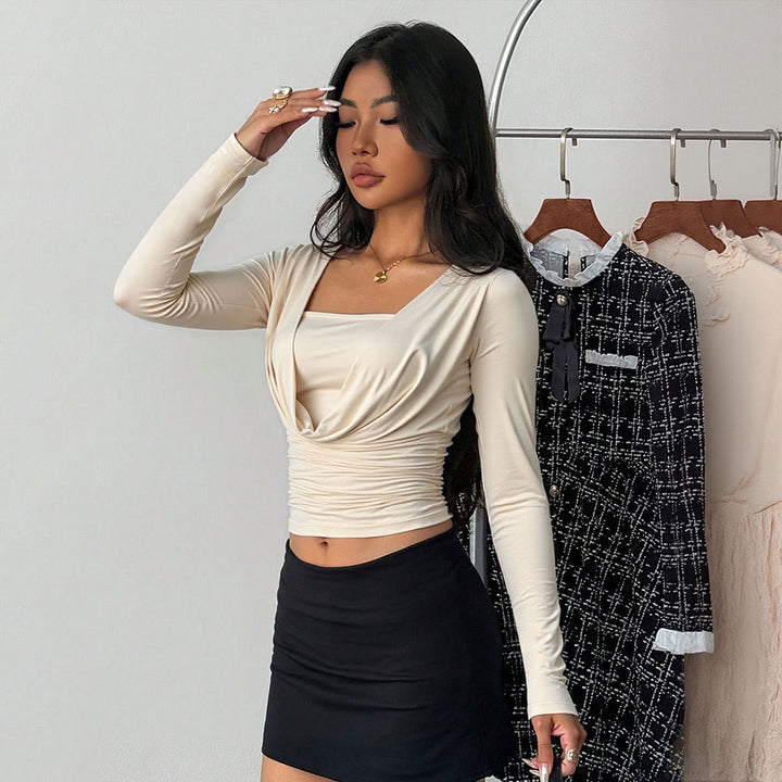 Damen figurbetontes Langarmshirt mit Wickeldesign und schickem V-Ausschnitt Drune