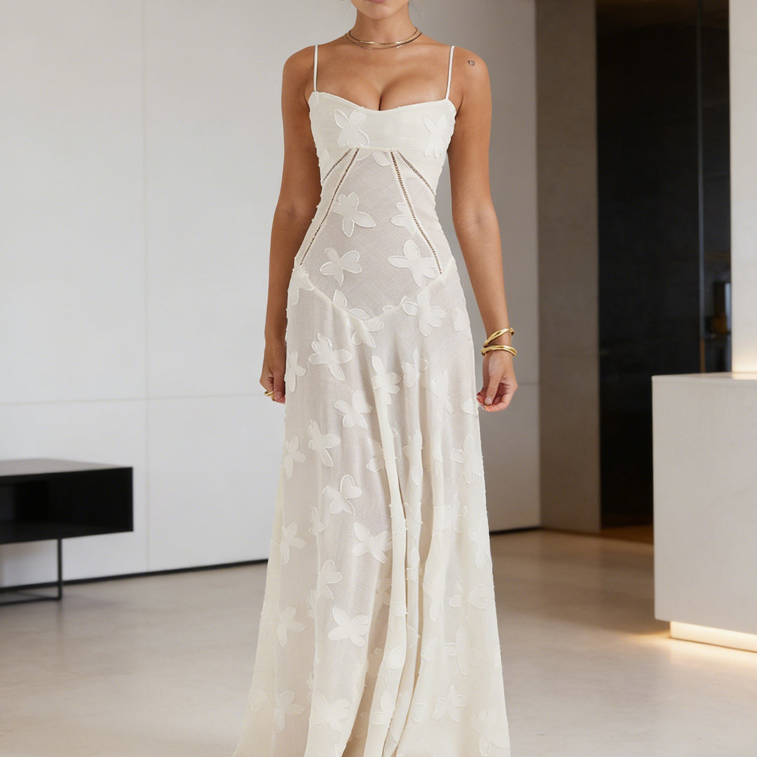 Damen Elegantes Abendkleid mit floralem Oberteil und schmalen Spaghetti-Trägern Drune