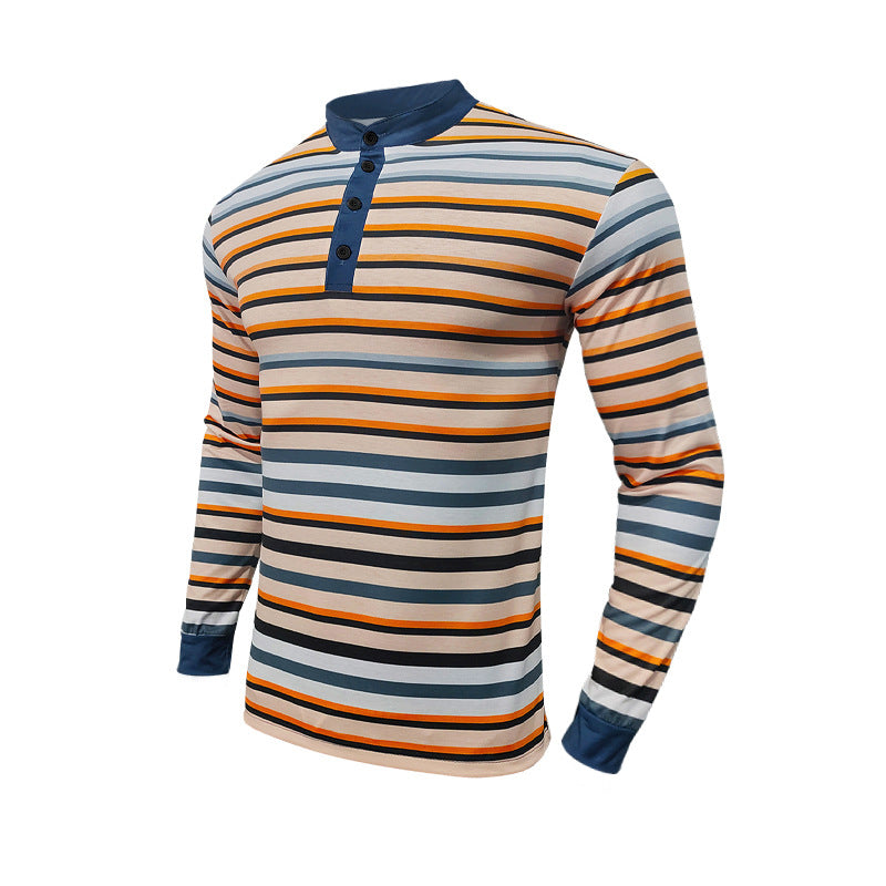 Herren nan gestreiftes Henley-Langarmshirt mit Stehkragen und feiner Baumwollmischung Drune