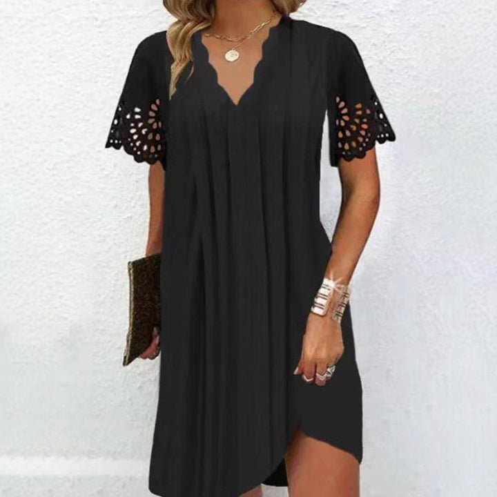 Damen nan knielanges A-Linien-Kleid mit geschwungenem V-Ausschnitt, Lochspitzenärmeln und seitlichem Beinschlitz Drune
