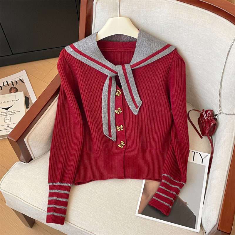 Damen Strickjacke mit maritimem Kragen und Knopfdetails Drune