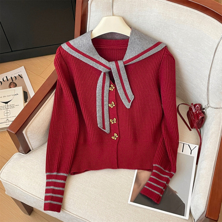 Damen Strickjacke mit maritimem Kragen und Knopfdetails Drune