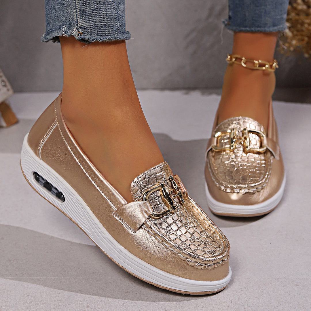 Damen nan modische Plateau-Slipper Loafer mit Krokoprägung, gepolstertem Komfortfußbett und goldener Zierkette Drune