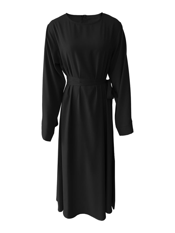 Damen Midi-Kleid mit elegantem Taillengürtel und langen Ärmeln Drune