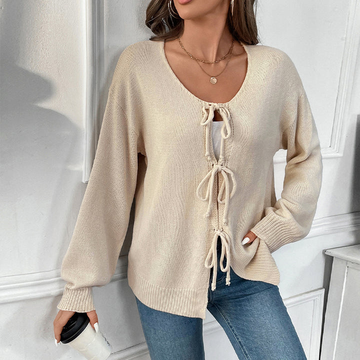 Damen lässiger Strickpullover mit verstellbarem Kordelzug und femininer Silhouette Drune