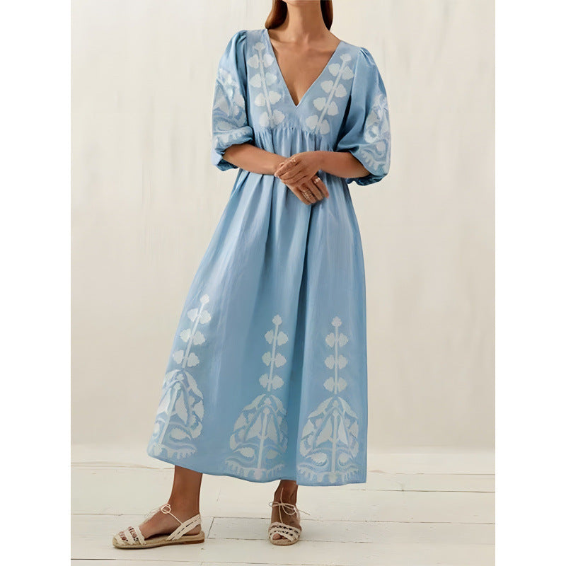 Damen Midikleid mit luftigen Puffärmeln und floralem Stickdesign Drune