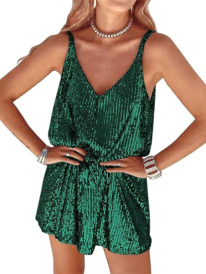 Damen Glitzerndes Jumpsuit mit tiefem V-Ausschnitt und elastischer Taille Drune