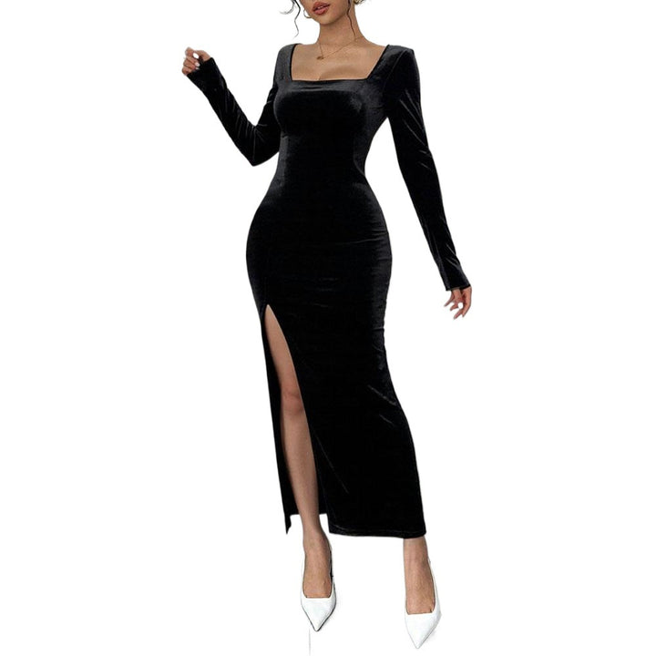 Damen Samt Maxikleid mit tiefem V-Ausschnitt und elegantem Schlitz Drune