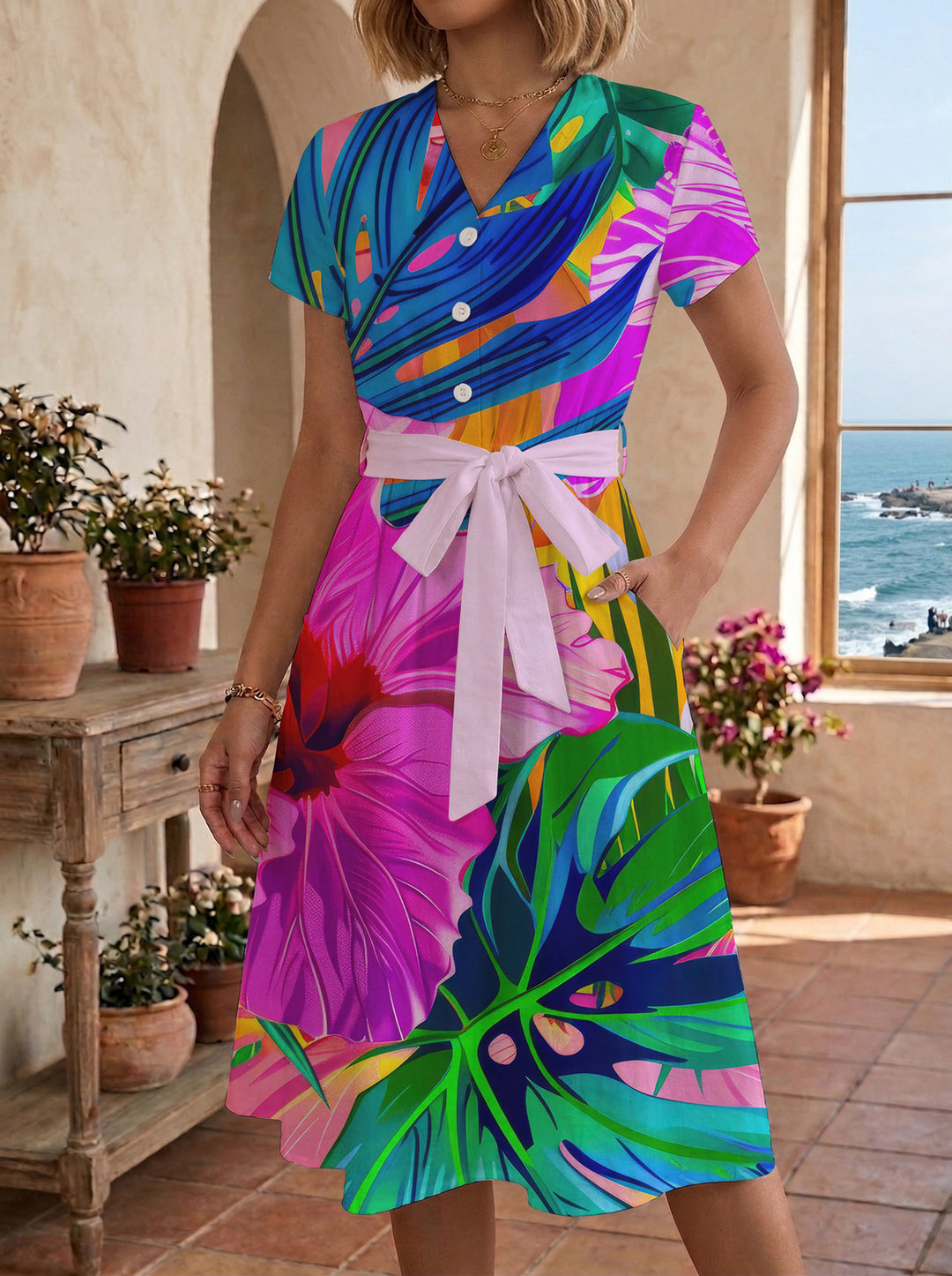 Damen Midikleid mit farbenfrohem Blumendesign und taillierbarem Bindegürtel Drune