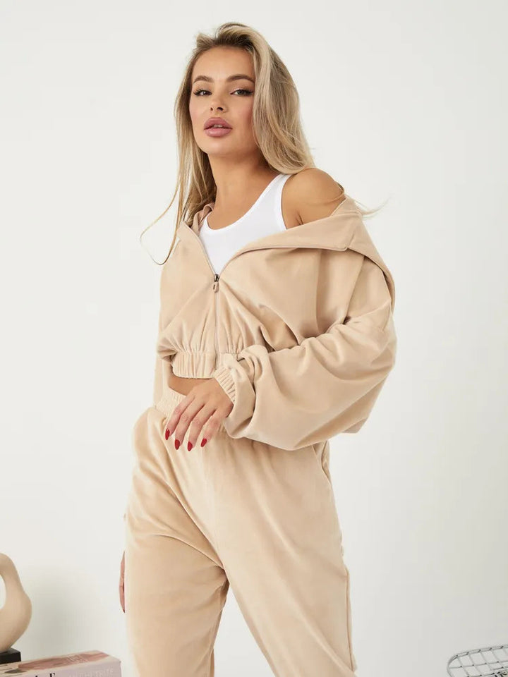 Damen Velours Freizeit-Set mit weichem Hoodie und bequemen Jogginghosen Drune