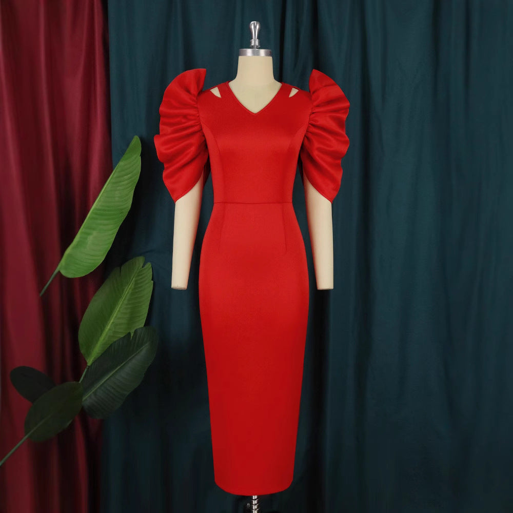 Damen Elegantes Midi-Kleid mit voluminösen Puffärmeln Drune