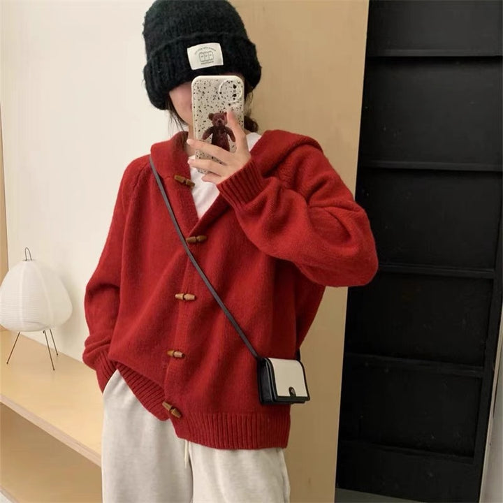 Damen lässiger Strickhoodie mit dekorativen Knöpfen Drune