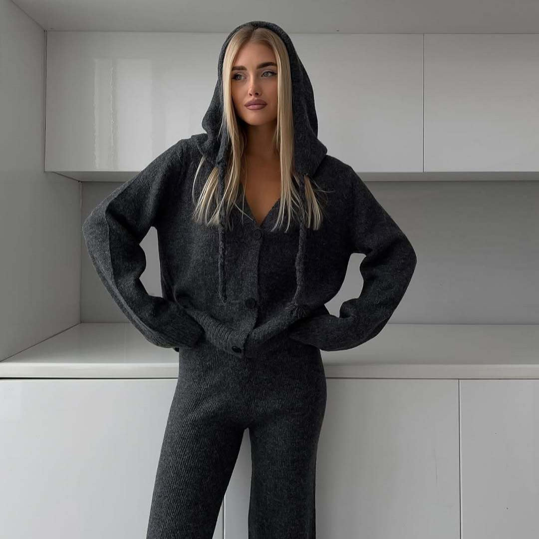 Damen eleganter Strick-Loungewear-Anzug mit weitem Bein Drune