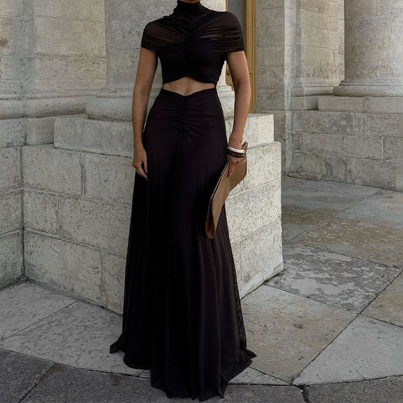 Damen Elegantes Maxikleid mit Raffungen und durchsichtigem Oberteil Drune