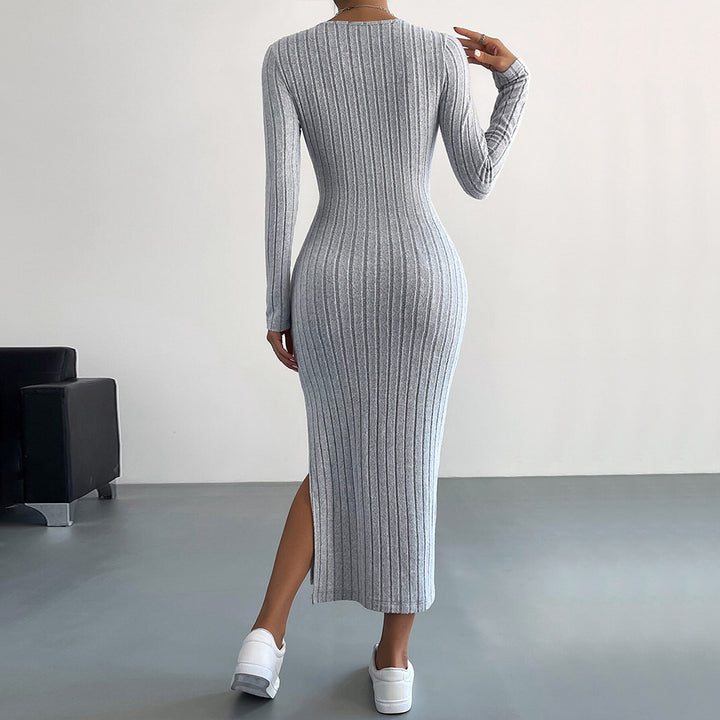 Damen Strickmaxikleid mit langen Ärmeln und seitlichem Schlitz Drune