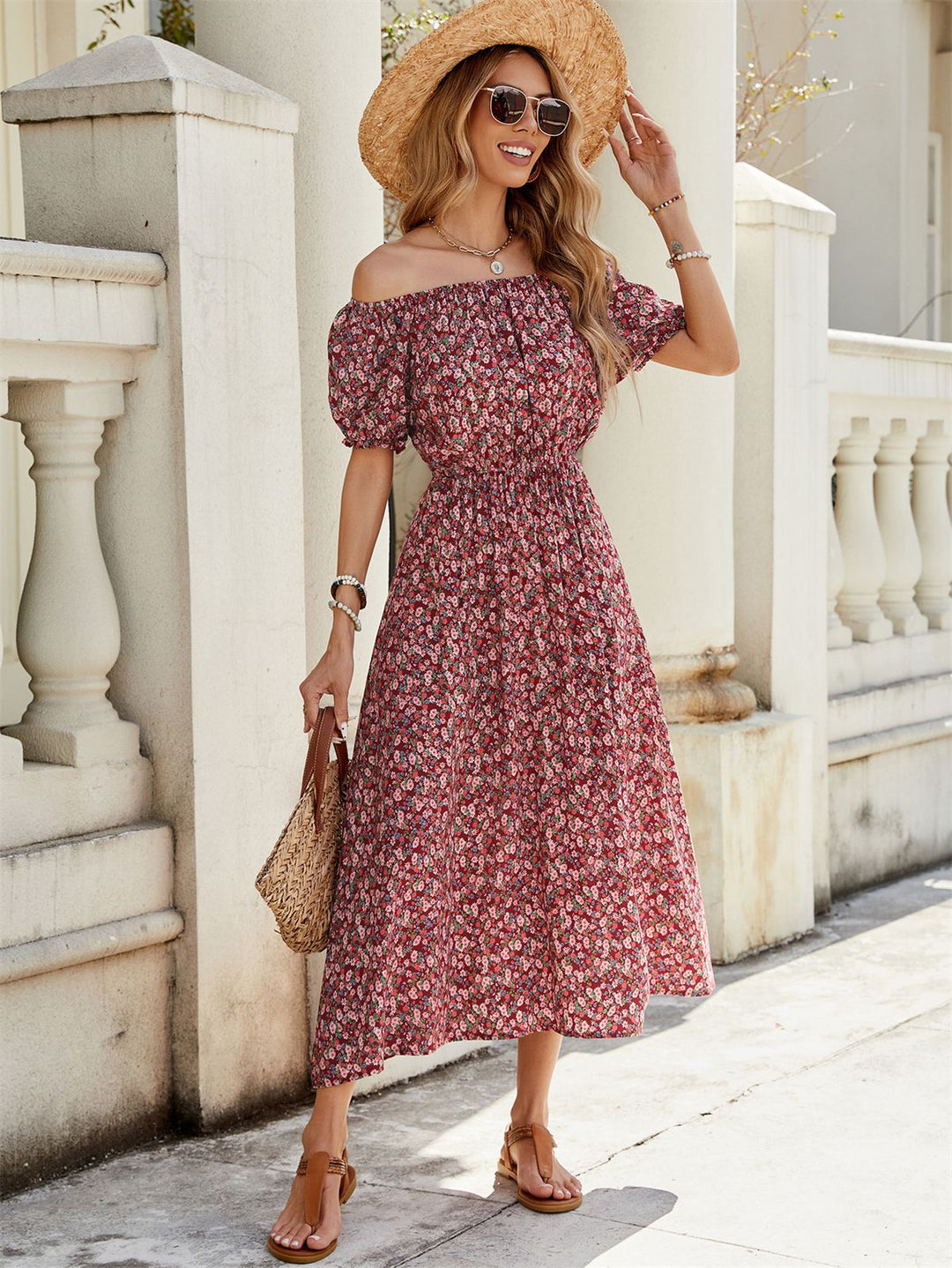 Damen luftiges Midikleid mit Puffärmeln und floralem Muster Drune